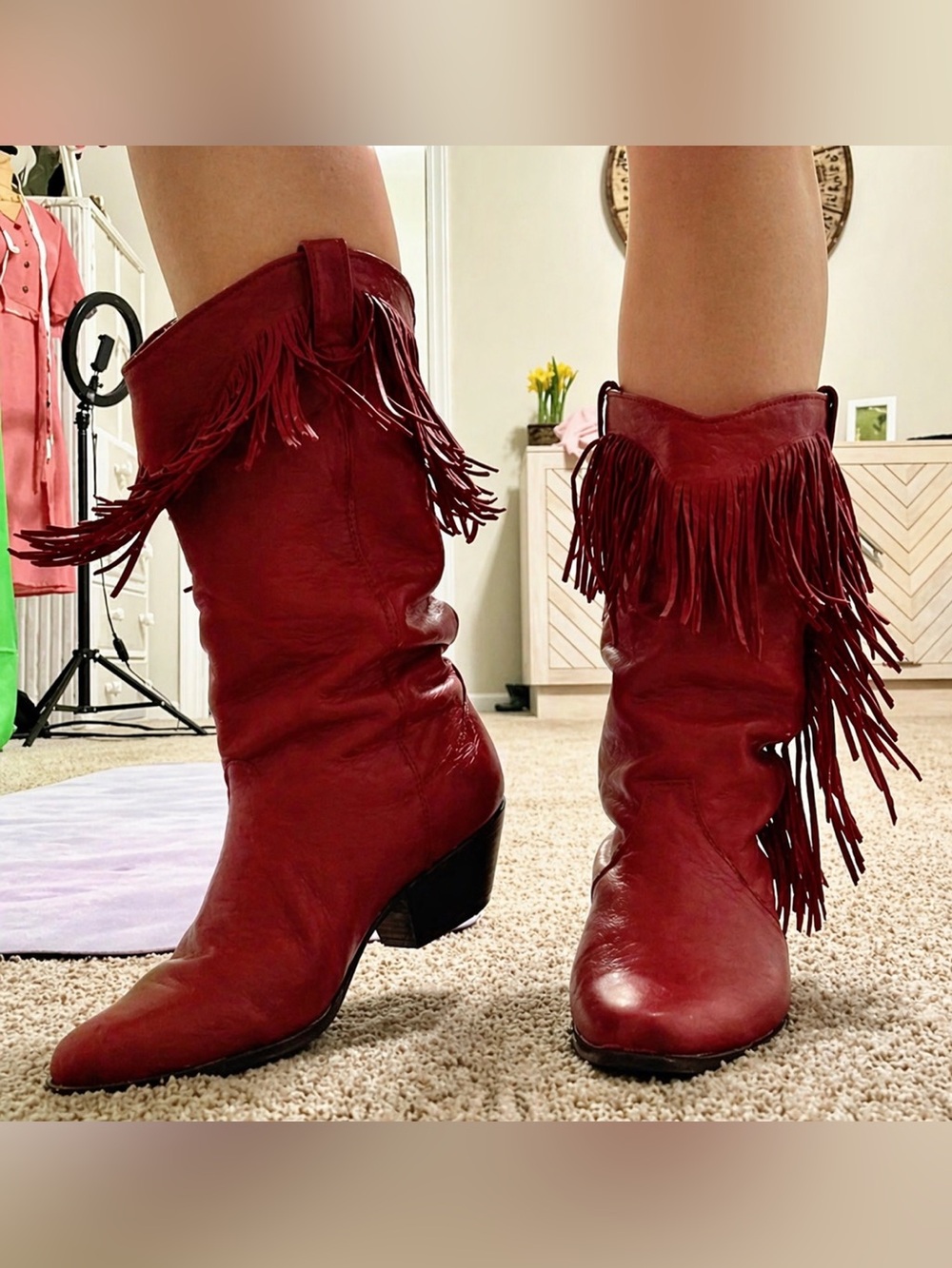 Vintage Red Leather Fringe Boots with Floral Lining